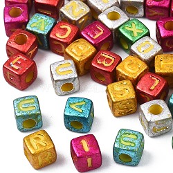Opaque Acrylic Beads, Christmas Style, Cube with Letter, Mixed Color, 4x4x4.5mm, Hole: 2mm, about 5000pcs/500g(LACR-N001-65)