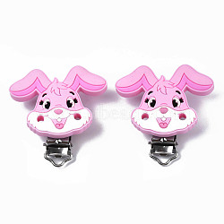 Food Grade Eco-Friendly Silicone Baby Pacifier Holder Clips, with 304 Stainless Steel Clips, Rabbit, Pearl Pink, 56x55x21mm, Hole: 4mm(SIL-N002-13E)