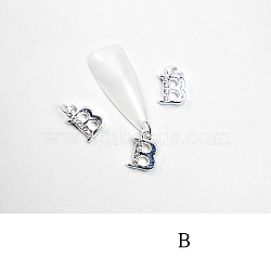 Alloy Rhinestone Cabochons, Nail Art Decoration Accessories, with Jump Ring, Letter, Platinum, Letter.B, 11~14x5~12mm(MRMJ-T056-93P-B)