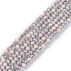 Electroplate Opaque Glass Beads Strands, Half Silver Plated, Faceted, Rondelle, Misty Rose, 4x3mm, Hole: 0.4mm, about 113~115pcs/strand, 41~42cm(EGLA-A034-P4mm-M08)