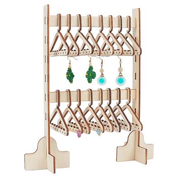 2-Tier Wood Earrings Display Stands, Clothes Hangers Shaped Earring Studs Organizer Holder, with 16Pcs Mini Hangers, Old Lace, Finished Product: 7.05x22.5x25cm