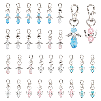 30Pcs 6 Style Baking Painted Pearlized Glass Pearl Pendants, with Alloy Butterfiy Pendants & Swivel Lobster Claw Clasps, Angel, Mixed Color, 55~60mm, 5pcs/style