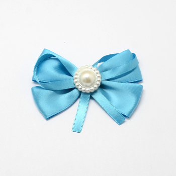 Handmade Woven Costume Accessories, Ribbon Bowknot with ABS Plastic Beads, Deep Sky Blue, 58x75x16mm, about 100pcs/bag