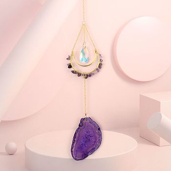 Natural Amethyst Chip Wrapped Moon Hanging Ornaments, Glass Teardrop and Agate Slices Tassel Suncatchers for Home Outdoor Decoration, 430mm