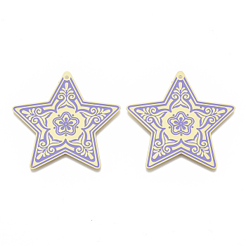 Brass Enamel Big Pendants, Etched Metal Embellishments, Matte Gold Color, Star with Flower, Lilac, 50x50x0.3mm, Hole: 1.6mm