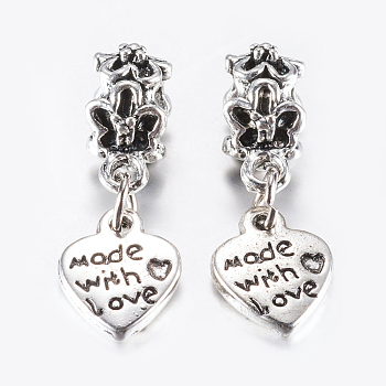 15Pcs Tibetan Style Alloy European Dangle Charms, Large Hole Pendants, Heart, Antique Silver, 27mm, Pendant: 12x10x2mm, Hole: 5mm