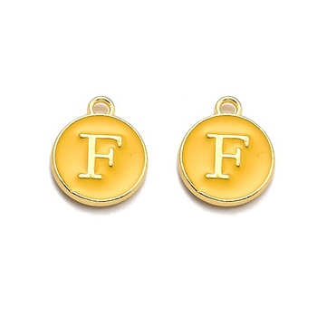 Golden Plated Alloy Enamel Charms, Enamelled Sequins, Flat Round with Alphabet, Letter.F, Yellow, 14x12x2mm, Hole: 1.5mm