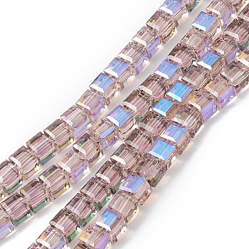 Transparent Electroplate Glass Beads Strands, Faceted, Cube, AB Color Plated, Medium Orchid, 7x7x7mm, Hole: 1.2mm, about 99~100pcs/strand, 27.17~27.95 inch(69~71cm)