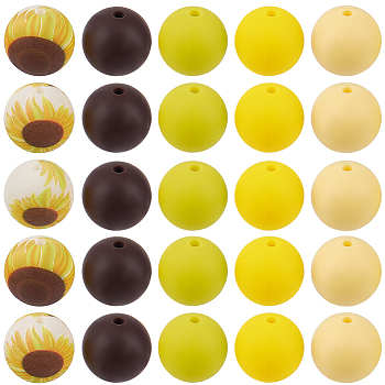 80Pcs 5 Styles Silicone Beads, DIY Necklaces and Bracelets Making, Round with Flower Pattern, Mixed Color, 15mm, Hole: 2mm, 16pcs/style