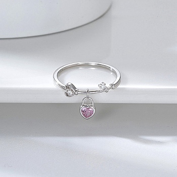 Rhodium Plated 925 Sterling Silver Finger Ring with Cubic Zirconia Heart Pad Charms, with S925 Stamp, Real Platinum Plated, US Size 6 1/2(16.9mm)