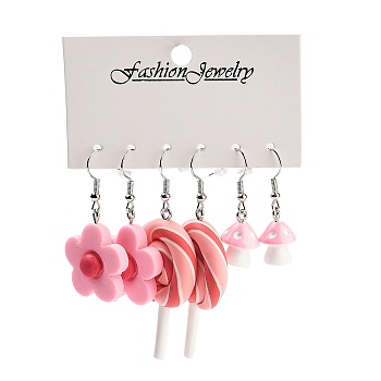 3 Styles Summer Flower & Lollipop & Mushroom Acrylic Dangle Earring Sets for Women, Cerise, 35~65x11.5~28mm, 3 pairs/set