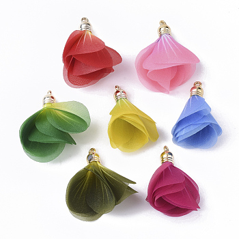 Organza Fabric Pendants, with CCB Plastic, Flower, Mixed Color, 41.5~47x24.5~39.5mm, Hole: 2mm
