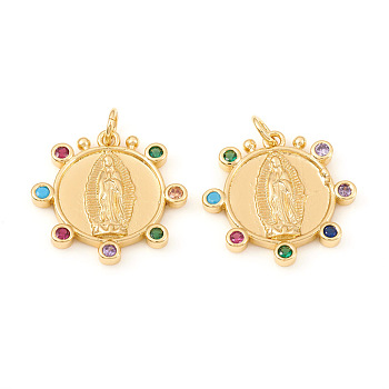 Brass Micro Pave Cubic Zirconia Pendants, Lady of Guadalupe Charms, with Jump Rings, Flat Round with Virgin Mary, Colorful, Real 18K Gold Plated, 20x20.5x2mm, Jump Ring: 5x0.8mm, Hole: 3.5mm