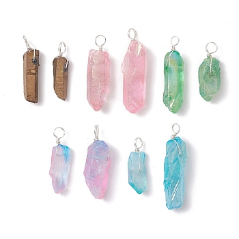 10Pcs 10 Styles Electroplated Natural Quartz Crystal  Pendants, Faceted Nuggets Charms with Copper Wire Loops, Platinum, 25~38x7~10x4.5~8mm, Hole: 3.5~4.5mm, 1pc/style