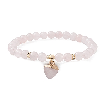 Natural Rose Quartz Round Beaded Stretch Bracelets, with Heart Charms, Inner Diameter: 2-1/8~2-1/4 inch(5.4~5.6cm)