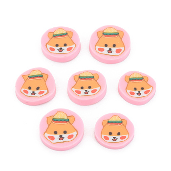Handmade Polymer Clay Cabochons, Flat Round with Dog, Pink, 9.5~11.5x1.5~2.5mm, about 4500pcs/1000g