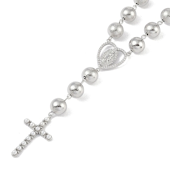 Brass Micro Pave Clear Cubic Zirconia & Plastic Pearl Pendant Necklaces, Rosary Bead Necklaces, Cross, Platinum, 16.14 inch(410mm)