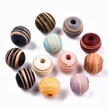 Painted Natural Wood Beads, Laser Engraved Pattern, Round with Zebra-Stripe, Mixed Color, 10x8.5mm, Hole: 2.5mm