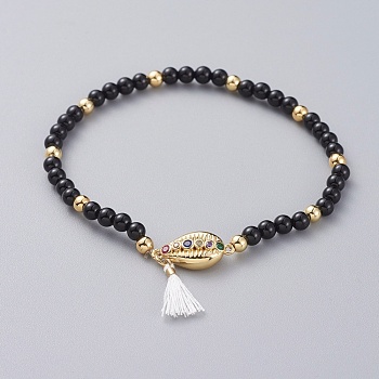 Natural Black Agate(Dyed) Stretch Charm Bracelets, with Brass Beads, Brass Micro Pave Cubic Zirconia Links, Polyester Cotton Tassel and Cardboard Packing Box, Cowrie Shell, 2-1/8 inch(5.5cm)