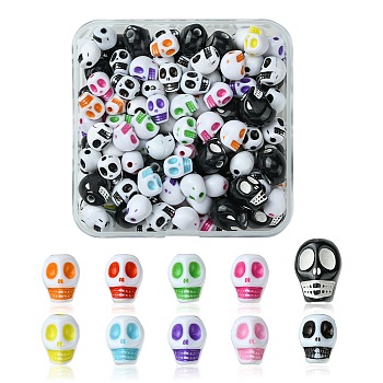 130Pcs 3 Styles Craft Style Acrylic Beads, Skull, Mixed Color, 9.5~13x7.5~10x8~12mm, Hole: 1.8~2mm