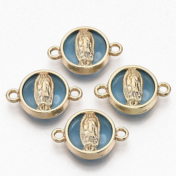 Glass Links connectors, with Light Gold Plated Alloy Findings, Flat Round with Virgin Mary, Light Sky Blue, 13.5x19.5x5.5mm, Hole: 1.6mm