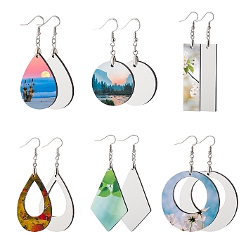 6 Sets 6 Style DIY Sublimation Blank Earring Making Finding Kit, Including MDF Wooden Earring Charm, Sublimation Printing Unfinished Earring Blank Charm, 304 Stainless Steel Earring Hooks, White, 30~59.5x15~34.5x3.5mm, Hole: 2mm, Pin: 0.7mm and 0.8mm, 1 set/style