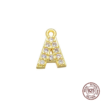Real 18K Gold Plated 925 Sterling Silver Micro Pave Clear Cubic Zirconia Charms, Initial Letter, Letter A, 8.5x6x1mm, Hole: 0.9mm