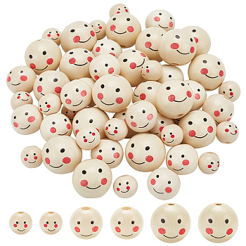 Elite 60Pcs 3 Styles Printed Wooden Beads, Undyed, Round with Smiling Face Pattern, Linen, 13.5~23.5x12.5~22mm, Hole: 3.4~4.2mm, 20pcs/style