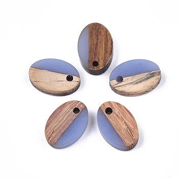 Resin & Walnut Wood Pendants, Oval, Cornflower Blue, 15.5x10.5x3~3.5mm, Hole: 1.8mm