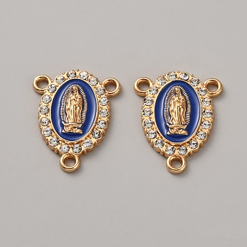 Zinc Alloy Enamel Religion Oval with Virgin Mary Chandelier Component Links, with Crystal Rhinestone, Light Gold, Blue, 20.5x16x2.5mm, Hole: 1.6mm
