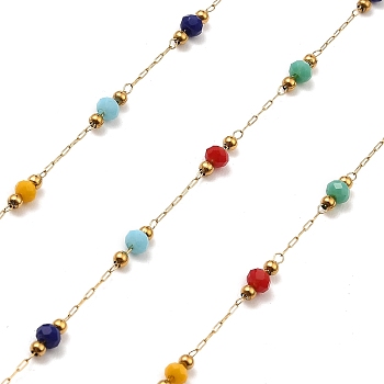 Rondelle Glass Beaded Link Chains, with Golden 304 Stainless Steel Paperclip Chains, Soldered, with Spool, Colorful, 3x2.5mm, 2mm, about 32.81 Feet(10m)/Roll