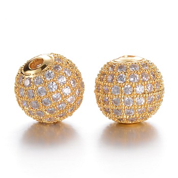 CZ Brass Micro Pave Grade AAA Clear Color Cubic Zirconia Round Beads, Cadmium Free & Nickel Free & Lead Free, Golden, 10mm, Hole: 2mm