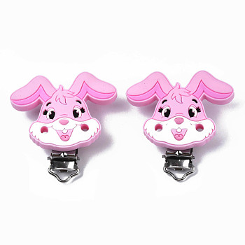 Food Grade Eco-Friendly Silicone Baby Pacifier Holder Clips, with 304 Stainless Steel Clips, Rabbit, Pearl Pink, 56x55x21mm, Hole: 4mm