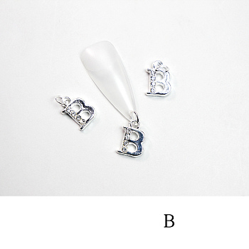 Alloy Rhinestone Cabochons, Nail Art Decoration Accessories, with Jump Ring, Letter, Platinum, Letter.B, 11~14x5~12mm