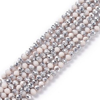 Electroplate Opaque Glass Beads Strands, Half Silver Plated, Faceted, Rondelle, Misty Rose, 4x3mm, Hole: 0.4mm, about 113~115pcs/strand, 41~42cm