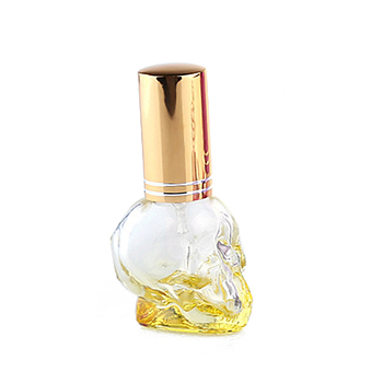 Glass Spray Bottles, with Aluminum Lid, Skull, Champagne Gold, 3.5x2.7x6.7cm, Capacity: 8ml(0.27fl. oz)