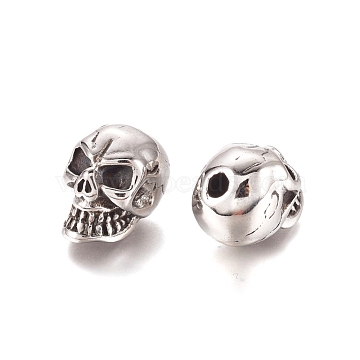 Halloween 304 Stainless Steel Beads, Skull Head, Antique Silver, 12.5x10.5x15mm, Hole: 2.8mm(X-STAS-D175-23AS)
