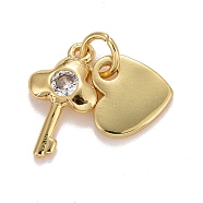 Cubic Zirconia Pendants, with Rack Plating Real 18K Gold Plated Brass Findings, with Jump Rings, Long-Lasting Plated, Lead Free & Cadmium Free, Key & Heart, Real 18K Gold Plated, 15mm, Jump Ring: 4.6x0.8mm, 3mm Inner Diameter, Key: 12.5x7x2mm, Heart: 8x8x1mm(KK-E275-15G)