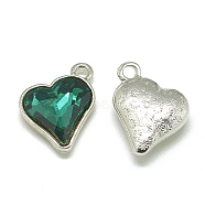 Alloy Glass Pendants, Faceted, Heart, Platinum, Sea Green, 17x15x5mm, Hole: 1.5mm(PALLOY-T040-12mm-15)