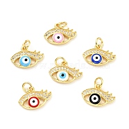 Rack Plating Brass Micro Pave Clear Cubic Zirconia Charms, with Jump Rings and Enamel, Cadmium Free & Lead Free, Evil Eye, Golden, Mixed Color, 10.5x15x3.5mm, Hole: 3.4mm(KK-G394-07G)