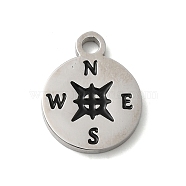 304 Stainless Steel Enamel Pendants, Stainless Steel Color, Flat Round with Compass Charm, Black, 17x13.5x1.8mm, Hole: 2mm(STAS-D027-02P)