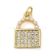 Brass Micro Pave Clear Cubic Zirconia Pendants, with ABS Imitation Pearl, Real 18K Gold Plated, Lock, 13x9.5x2mm, Hole: 1.6mm(KK-Q813-08B-G)