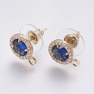 Faceted Glass Stud Earring Findings, with Loop, Brass Micro Pave Cubic Zirconia Findings, Flat Round, Light Gold, Blue, 12x9x4mm, Hole: 1.2mm, Pin: 0.8mm(GLAA-F084-B01)