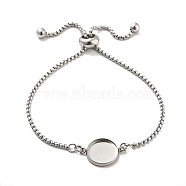 304 Stainless Steel Round Cabochon Setting Bracelets, Box Chain Adjustable Slider Bracelets Making, Stainless Steel Color, Tray: 12.5mm, 23.7x0.2cm(DIY-Z026-01B)
