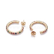 Brass Micro Pave Cubic Zirconia Stud Earrings, Half Hoop Earrings, with Brass Ear Nuts, Ring, Colorful, Real 18K Gold Plated, 21~21.5x2mm, Pin: 0.7mm(EJEW-F198-13G)