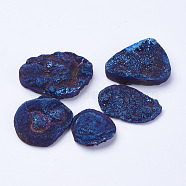 Electroplate Natural Druzy Agate Beads, No Hole/Undrilled, Nuggets, Medium Blue, 26~52x25~40x5~17mm(G-P252-01A)