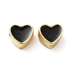 Rack Plating Alloy Enamel Beads, Heart, Golden, Black, 8x8.5x5mm, Hole: 1mm(ENAM-F146-17G-01)