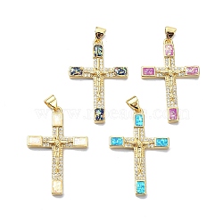 Religion Theme Brass Micro Pave Clear Cubic Zirconia Pendants, with Sythetic Opal, Cross, Real 18K Gold Plated, 33.5x22x3.5mm, Hole: 4x3.5mm(KK-A221-22G)