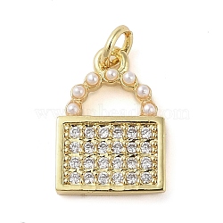 Brass Micro Pave Clear Cubic Zirconia Pendants, with ABS Imitation Pearl, Real 18K Gold Plated, Lock, 13x9.5x2mm, Hole: 1.6mm(KK-Q813-08B-G)