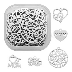 30Pcs 5 Style Mother's Day Theme, 304 Stainless Steel Pendants, Phrase Best Mom & Heart & Word & Flat Round, Stainless Steel Color, 10~22x13~20x1~1.1mm, Hole: 1.2~1.5mm, 6pcs/style(STAS-LS0001-85)